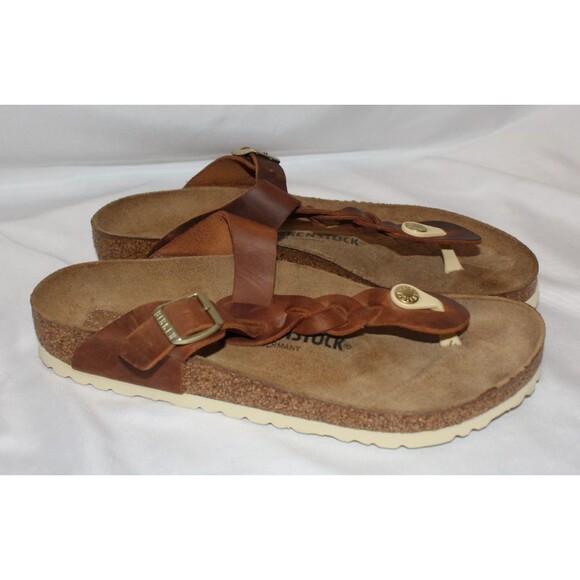 NIB BIRKENSTOCK GIZEH BRAIDED LEATHER SANDALS NARROW FIT EU 40 US 9 COGNAC - Picture 1 of 5